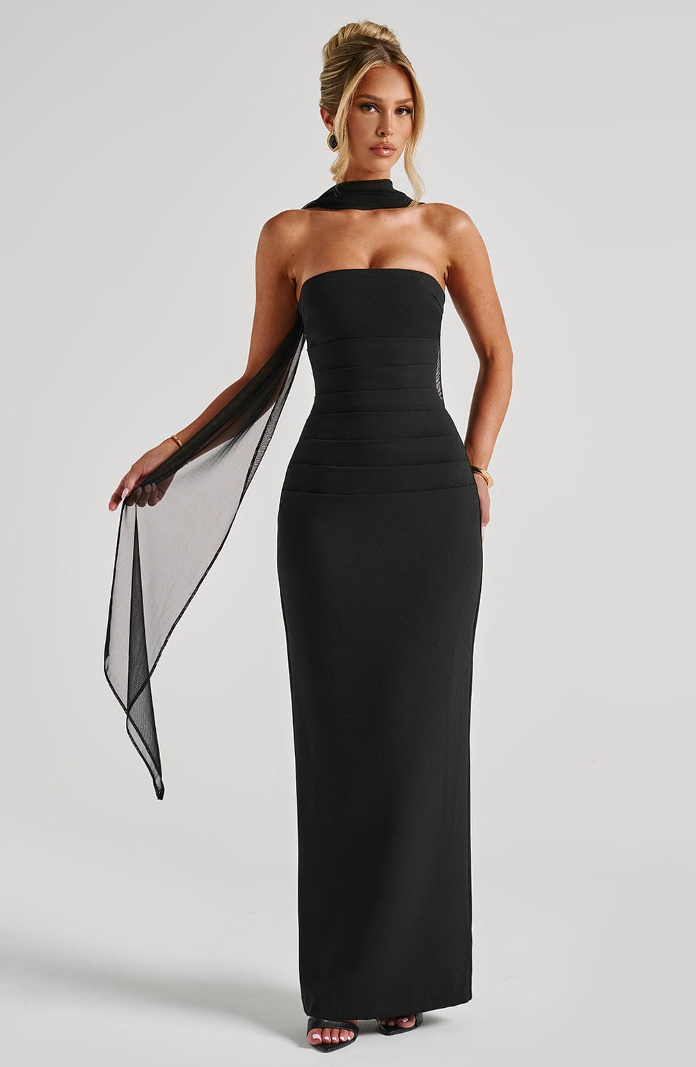 Black Strapless Maxi Dress with Scarf Detail for Women - Carla