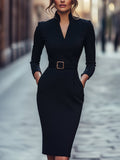 Women's Long Sleeve Midi Pencil Dress with Waist Belt